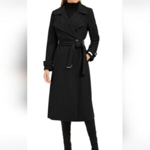 Calvin Klein Wool Blend Belted Long Wrap Coat Black Size S/4 NWT